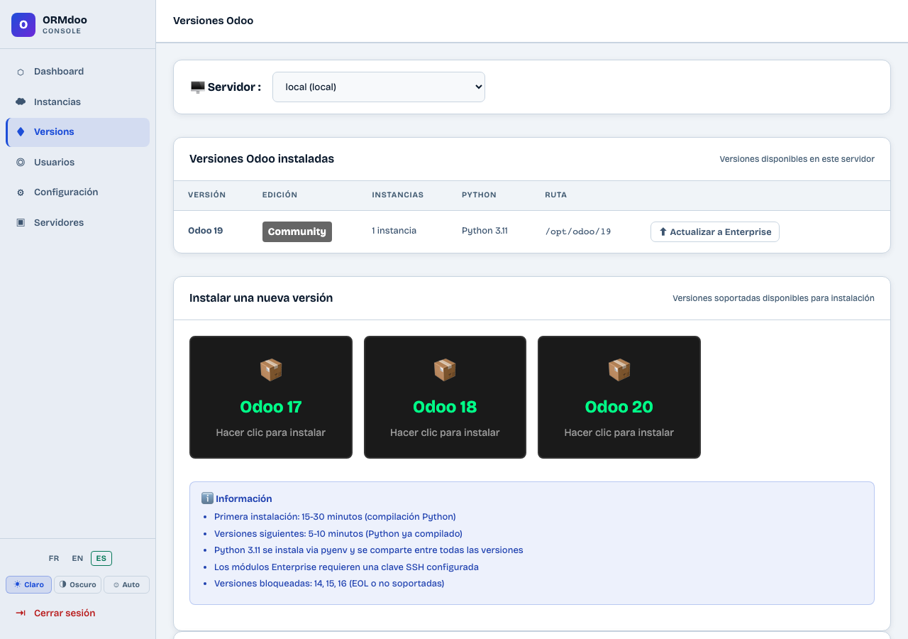 Versiones de Odoo instaladas