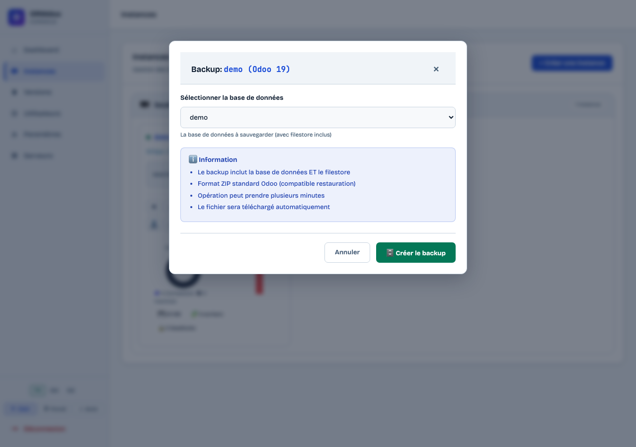 Fenêtre de création de backup