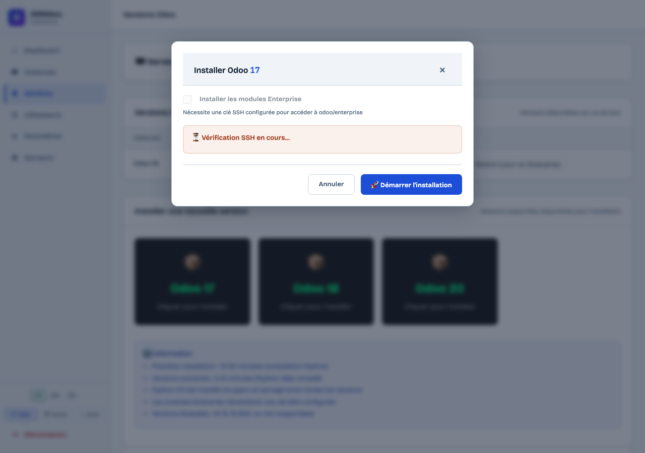 Modal de confirmation d'installation
