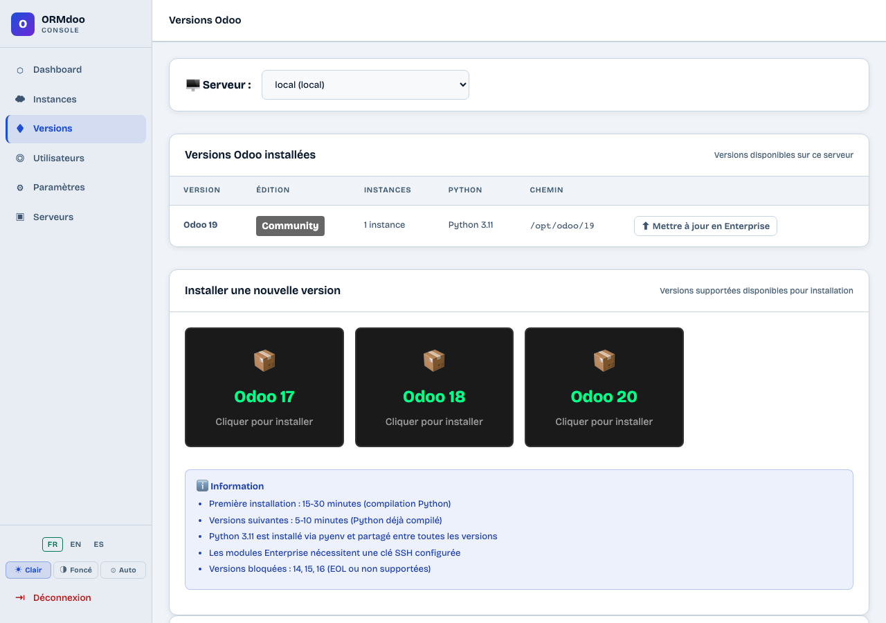 Versions Odoo installées